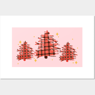 Pink and Red Buffalo Plaid Christmas Trees with Sparkles Posters and Art
